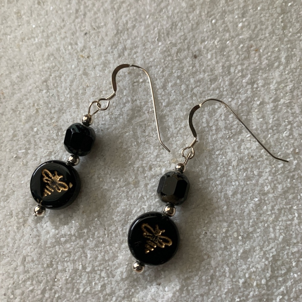 sterling silver hoops with snowflake obsidian & bees